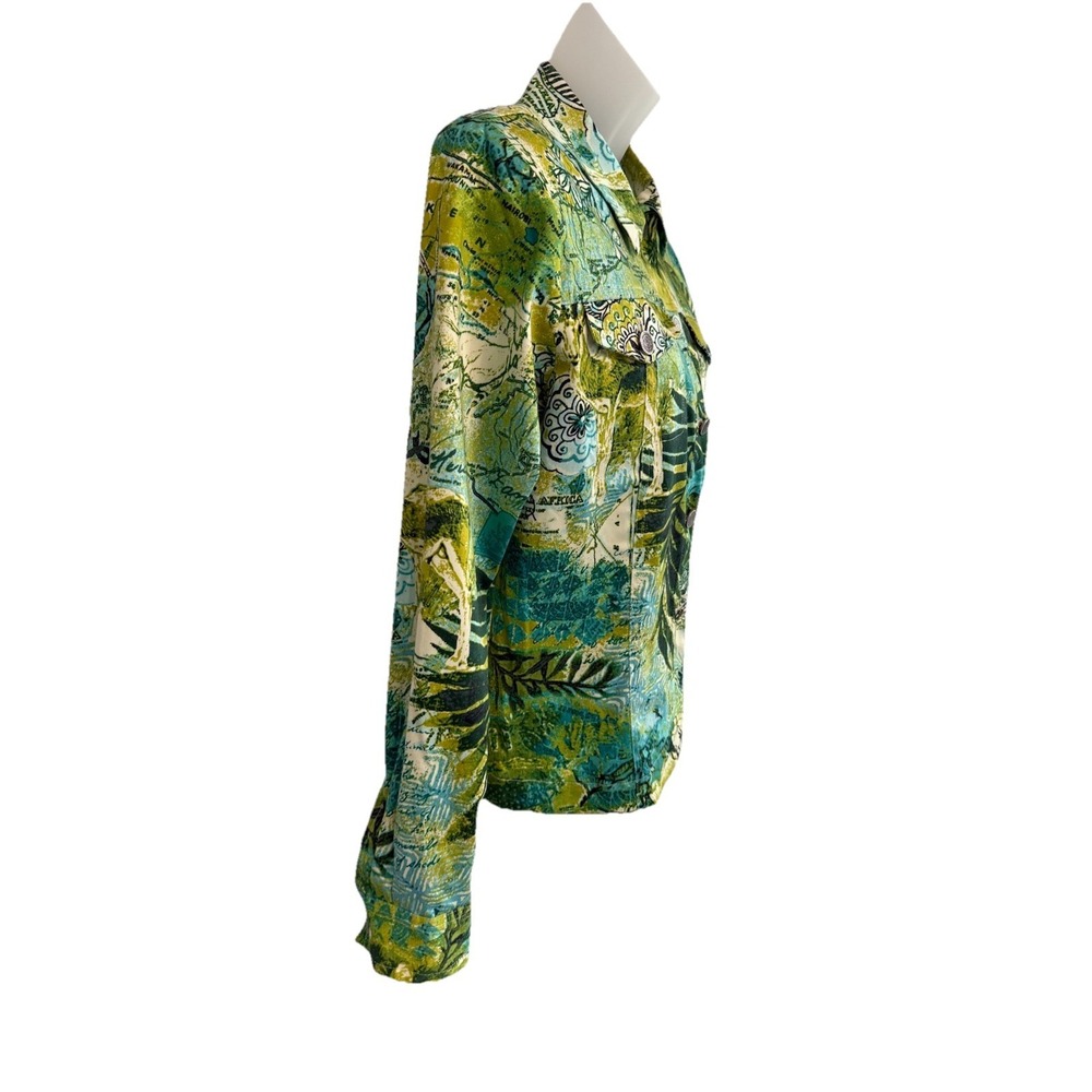 ELCC Women Jacket Stretch Blue, Aqua,Green's World Map Design Blazer Size S NWT - Picture 3 of 10